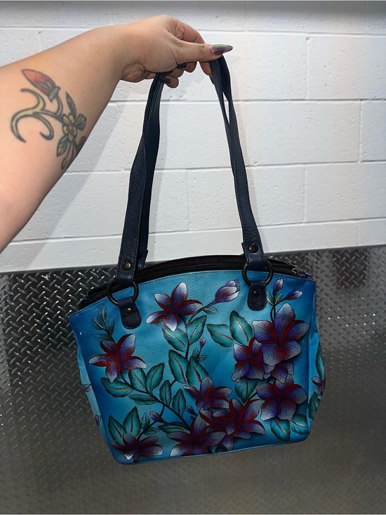 Anuschka Handbags - Anuschka Blue Floral Leather Shoulder Bag with Navy Straps